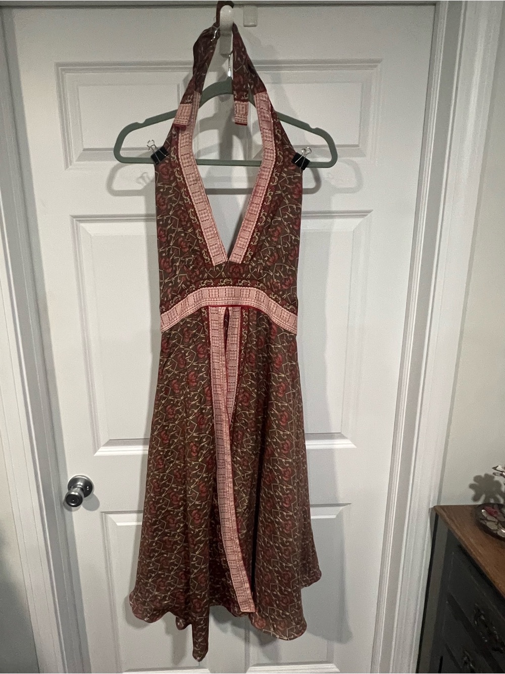 Olive Floral Halter Midi Dress with Pink Trim